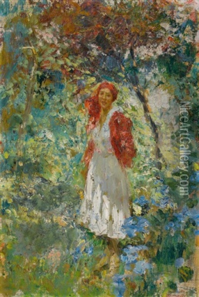 Junge Frau Mit Rotem Kopftuch Im Sommergarten Oil Painting - Leonardo Bazzaro