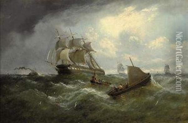 East Indiamen Running Up The Channel Oil Painting - Adolphus Knell