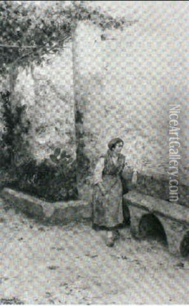 Girl On A Terrace Overlooking A Bay Oil Painting - Bernardo Hay