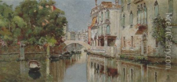A Venetian Canal Oil Painting - Antonio Maria de Reyna Manescau