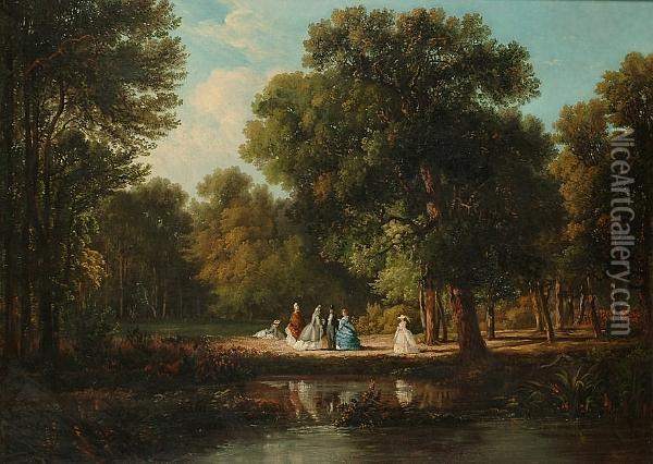 Woodland Pool, With Elegant Figures On The Far Bank Oil Painting - Eugene Henri Millet