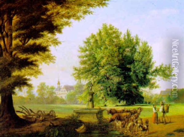Baumbestandene Landschaft Mit Kirche Im Hintergrund Und Figurlicher Staffage Oil Painting - Friedrich Gauermann