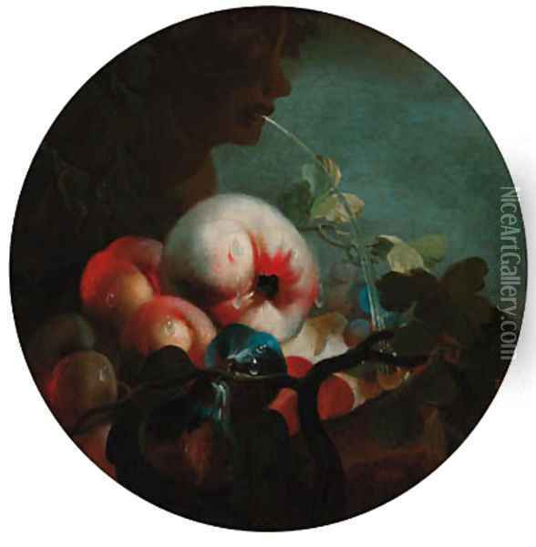 Peaches, an apple and figs by a fountain Oil Painting - Abraham Brueghel