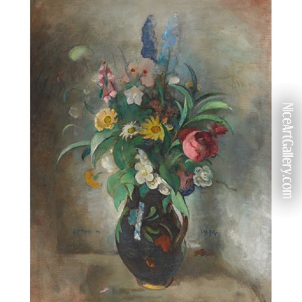 Flowers In A Blue Floral Pitcher Oil Painting - Moricz Goth