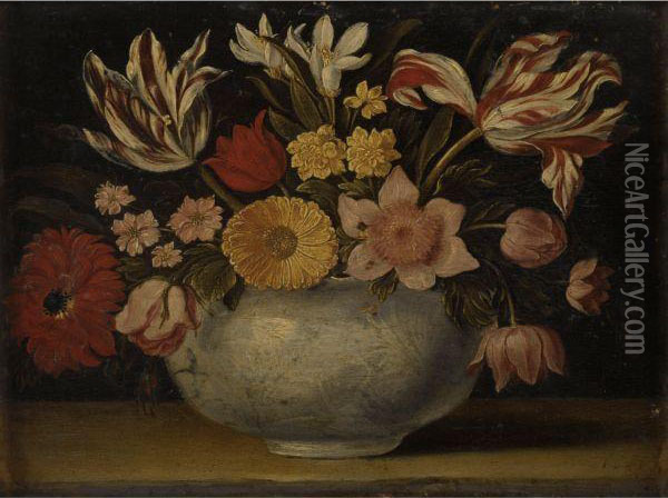 Nature Morte De Fleurs Dans Un Vase En Porcelaine Sur Unentablement Oil Painting - Jacques Linard