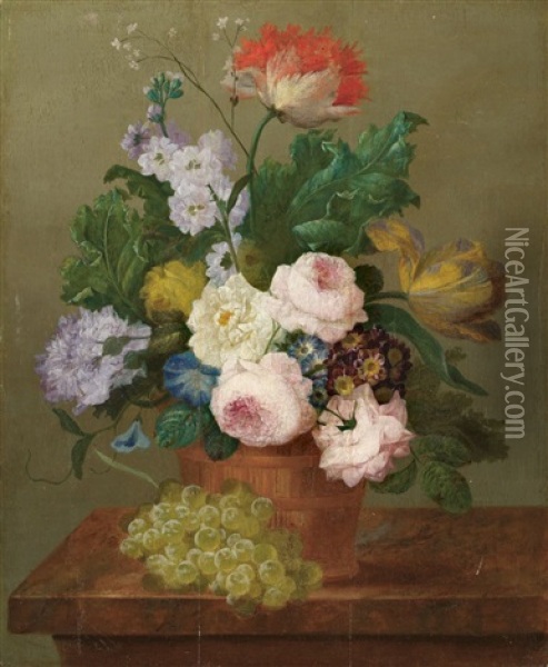 Blumenstrauss Und Weintrauben Auf Einer Tischplatte Oil Painting - Johann Baptist Drechsler