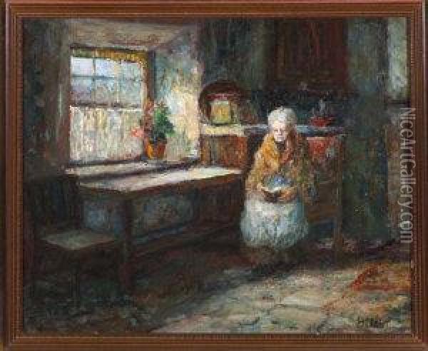 An Interior Scene With An Elderly Lady Reading A Book Oil Painting - John Falconar Slater