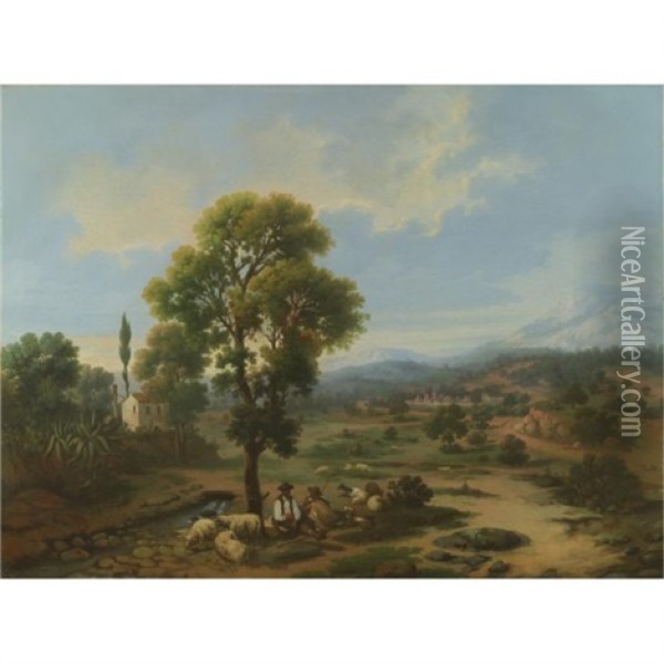 Paisaje Andaluz Con Pastores (andalusian Landscape With Shepherds) Oil Painting - Rafael Romero Y Barros