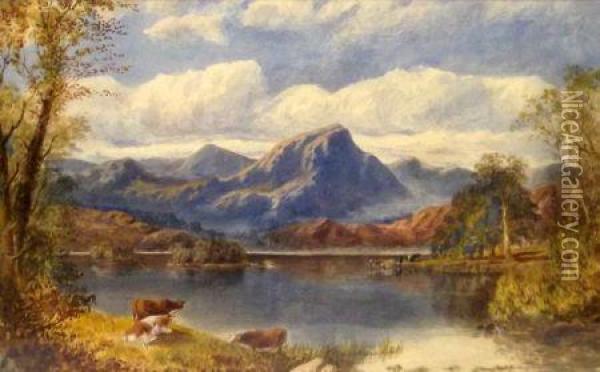 Scottish Loch And Mountain Landscape With Cattle Watering And Resting Oil Painting - James Macculloch
