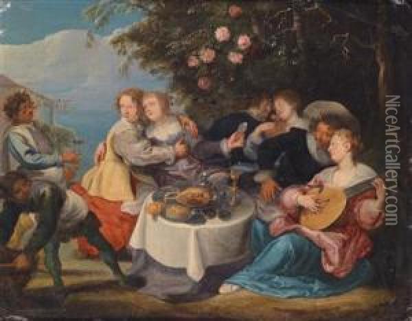 A Merry-making Party Eating And Making Music In The Garden Of An Inn Oil Painting - Willem Van Herp