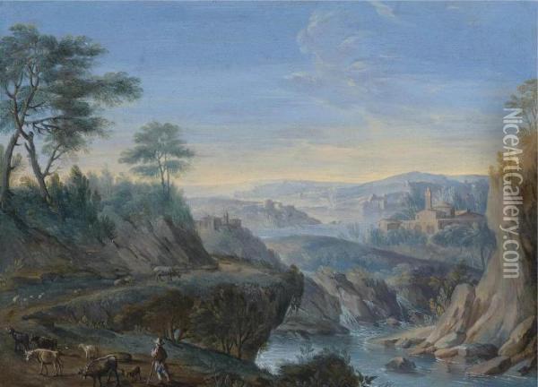 A Mountainous Wooded River Landscape Oil Painting - Hendrik Frans Van Lint