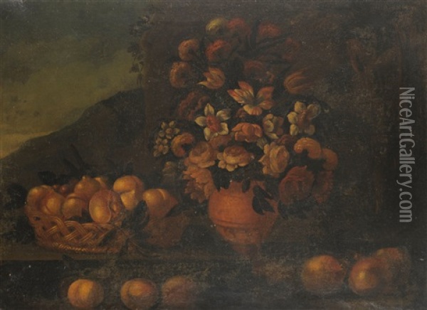 Still Life Of Flowers And Fruit Oil Painting - Michelangelo di Campidoglio
