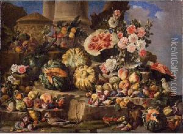 Still Life Of Fruit And Flowers On A Stone Ledge With Birds And A Monkey Oil Painting - Michele Pace Del (Michelangelo di) Campidoglio