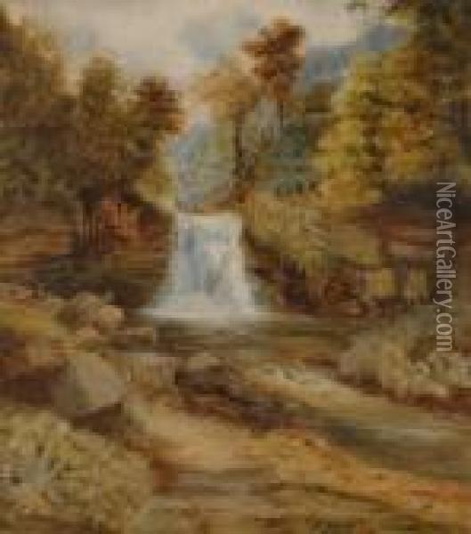 River Landscapes With Waterfalls Oil Painting - William Mellor