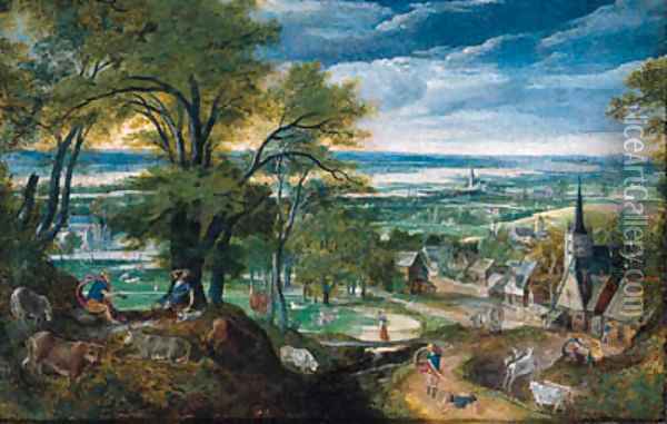 Mercury playing the flute as Argus falls asleep and Mercury slaying Argus, a village and a river valley beyond Oil Painting - Hans Bol