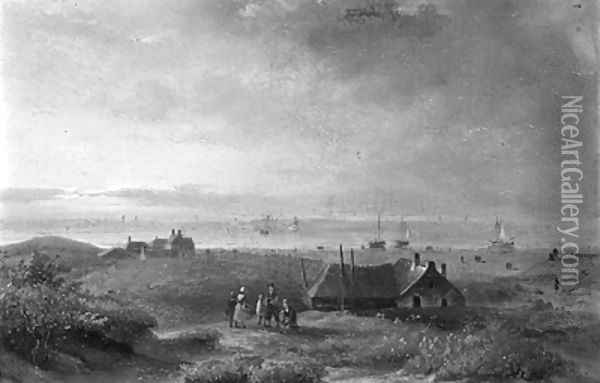 A coastal view of Scheveningen, with figures conversing on a dune top Oil Painting - Johannes Franciscus Hoppenbrouwers