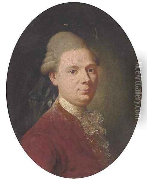 Portrait of a gentlemen, bust-length, in a red coat Oil Painting - Alexander Roslin