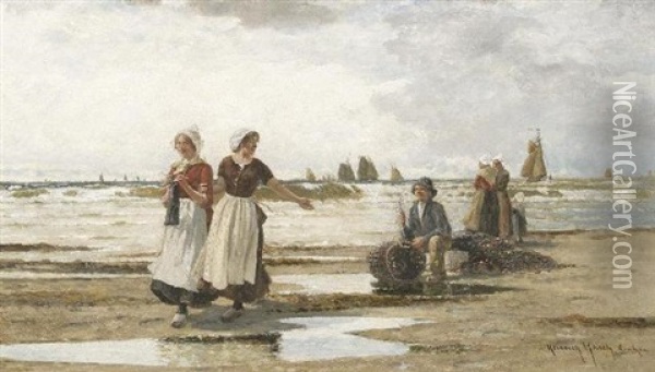 Sommer An Der Hollandischen Kuste. Fischerjunge Im Gesprach Mit Zwei Madchen Oil Painting - Heinrich Rasch
