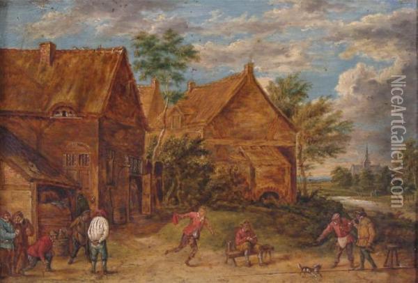 Village Scene With Men Bowling Oil Painting - David The Younger Teniers