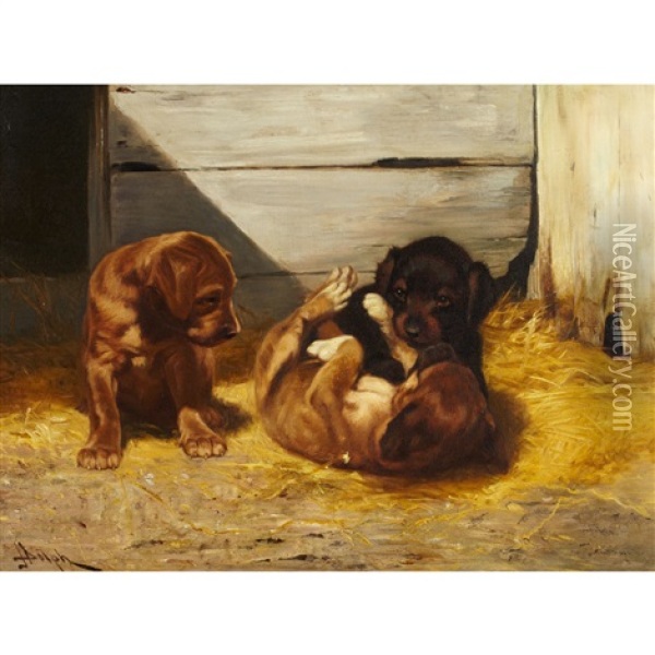 Puppies Playing In A Barn Oil Painting - John Henry Dolph
