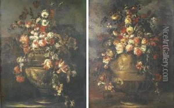 Roses, Tulips, Carnations And Other Flowers In Sculpted Vases Oil Painting - Margherita Caffi