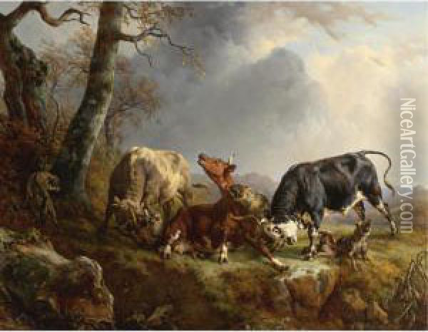 Two Bulls Defending A Cow Attacked By Wolves Oil Painting - Jacques Raymond Bracassat