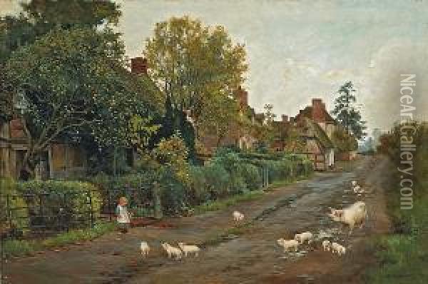 A Sow And Her Piglets Outside A Row Ofcottages With A Small Child Looking On Oil Painting - Helen Mary Elizabeth Allingham