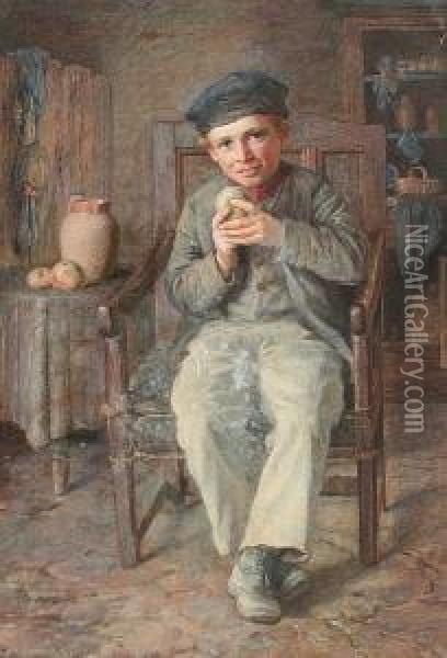 Young Boy Seated Eating An Apple Oil Painting - Henry Measham