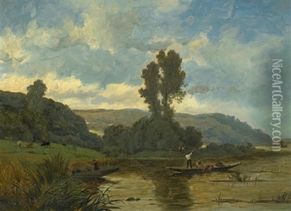 Flusslandschaft Mit Fischern Oil Painting - Hippolyte Camille Delpy
