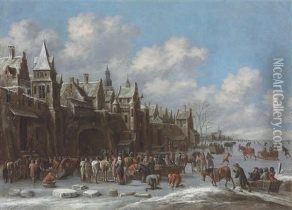 A Winter Landscape With Villagers On A Frozen Lake Outside A Town Oil Painting - Thomas Heeremans