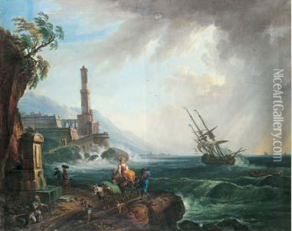 Port Mediterraneen Avec Paysans Sur Le Rivage Oil Painting - Jean-Baptiste Lallemand