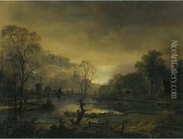 A River Landscape At Sunset With
 Fishermen Drawing In Their Net In The Foreground, Windmills Beyond Oil Painting - Aert van der Neer