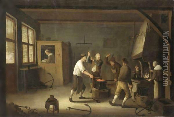 Interior Of A Blacksmith's Forge Oil Painting - Cornelis Beelt