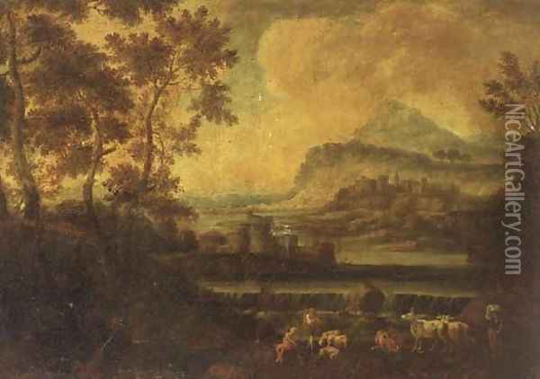 A river landscape, with a shepherd, two towns beyond Oil Painting - Jean-Francois Millet