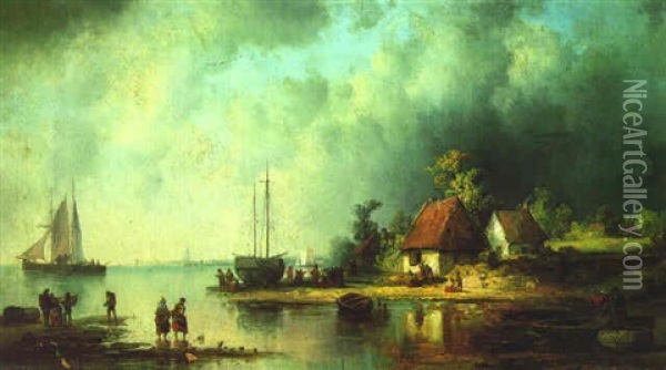 Ein Fischerdorf Mit Segelbooten Oil Painting - Josef Karl Berthold Puettner