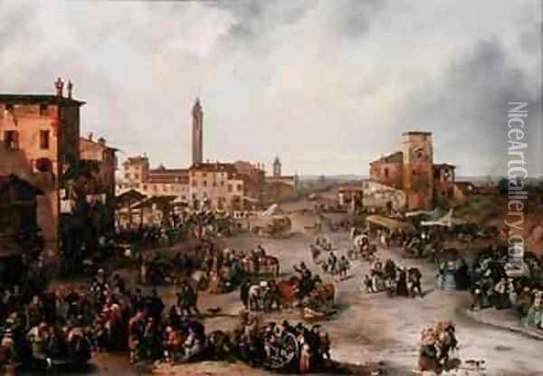 View of a Market Town and possibly the Fair of St Allessandro Oil Painting - Carlo Ferrari