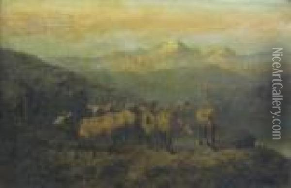 Deer And Stags In A Landscape Oil Painting - Newbold Hough Trotter