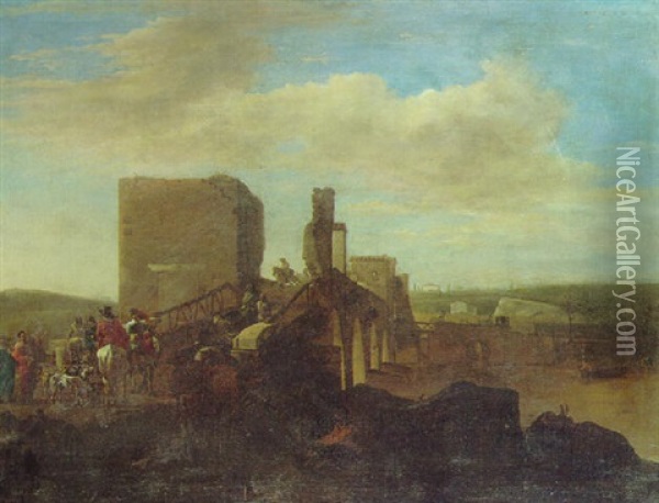 The Ponte Milvio, Rome With Drovers And Cattle Oil Painting - Pieter Jacobsz. van Laer