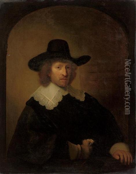 Portrait Of Nicolaas Van 
Bambeeck, Half-length, In Black, A Glovein His Right Hand, At A Casement Oil Painting - Rembrandt Van Rijn
