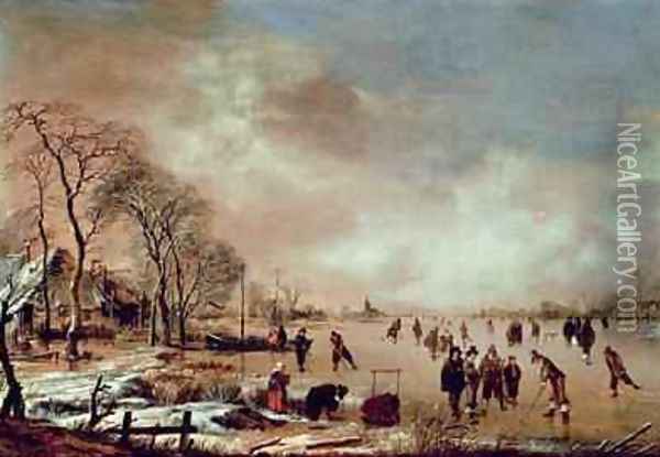 Frozen Canal Scene Oil Painting - Aert van der Neer