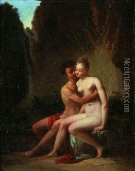 Un Jeune Couple Enlace Pres D'une Cascade Oil Painting - Jacques Antoine Vallin