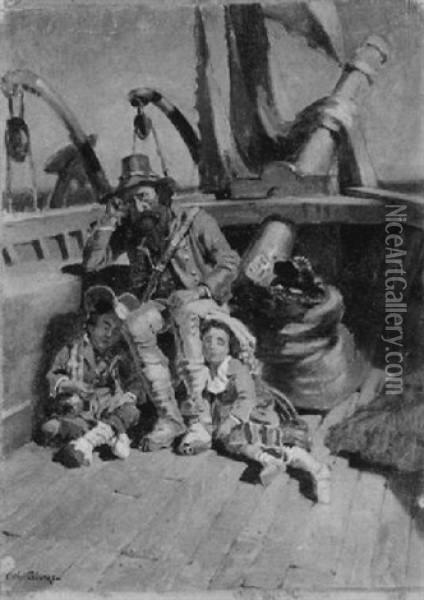 Vater Mit Kindern Auf Einem Schiff Oil Painting - Jean-Baptiste-Arthur Calame