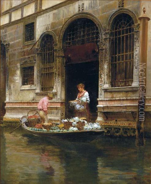 Venezia, Il Fioraio In Gondola Oil Painting - Vincenzo Caprile