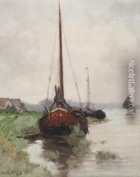 Moored Boats On A Canal Oil Painting - Cornelis Kuypers