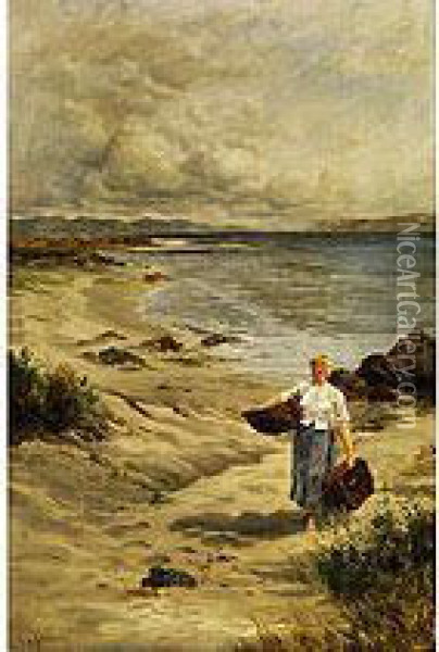 Junge Frau Mit Korben Am Strand Bei Rimini Oil Painting - Frederick William Jackson