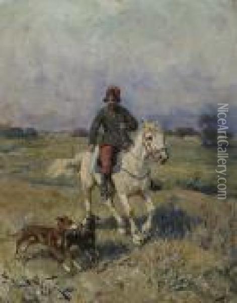 Rider With Two Dogs. Oil Painting - Jaroslav Friedrich Julius Vesin