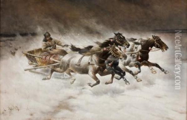 Wolfe Verfolgen Eine Troika Im Winter Oil Painting - Adolf Baumgartner