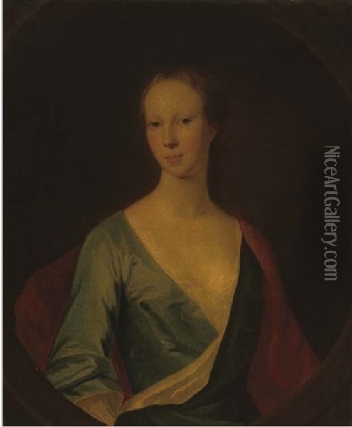 Portrait Of A Lady (lady Tinwald?) Half-length, In A Blue Dress And Red Wrap Oil Painting - William Aikman