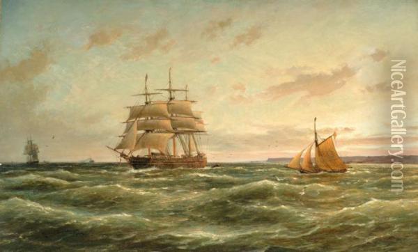 A Three-master And Other Sailing Boats On Sea Oil Painting - Cornelis Christiaan Dommersen
