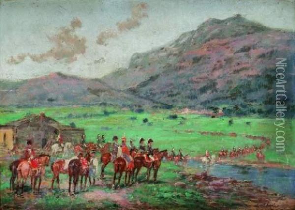 Groupe D'officiers Surveillant Un Detachement De Cavalerie Oil Painting - Emile Chepfer
